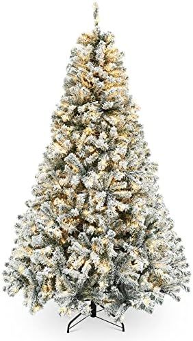 Amazon.com: Okicoler 6.5ft Pre-Lit Snow Flocked Artificial Holiday Christmas Pine Tree for Home, ... | Amazon (US)