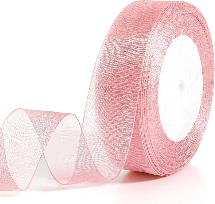 Pink Ribbon for Flower Bouquet 1 Inch 50 Yards Sheer Mothers Day Gift Basket Ribbon Tulle Ribbon ... | Amazon (US)