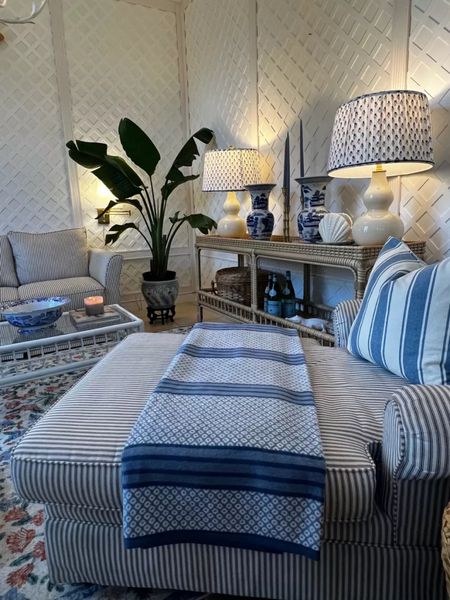 Coastal living room with lattice, captain blanket, blue and white home, Grandmillennial home

#LTKhome #LTKFind