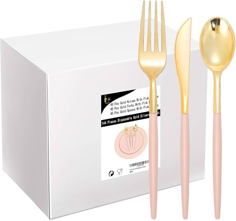 I00000 144 Pcs Gold Plastic Silverware, Disposable Flatware with Pink Handle, Gold Plastic Cutler... | Amazon (US)
