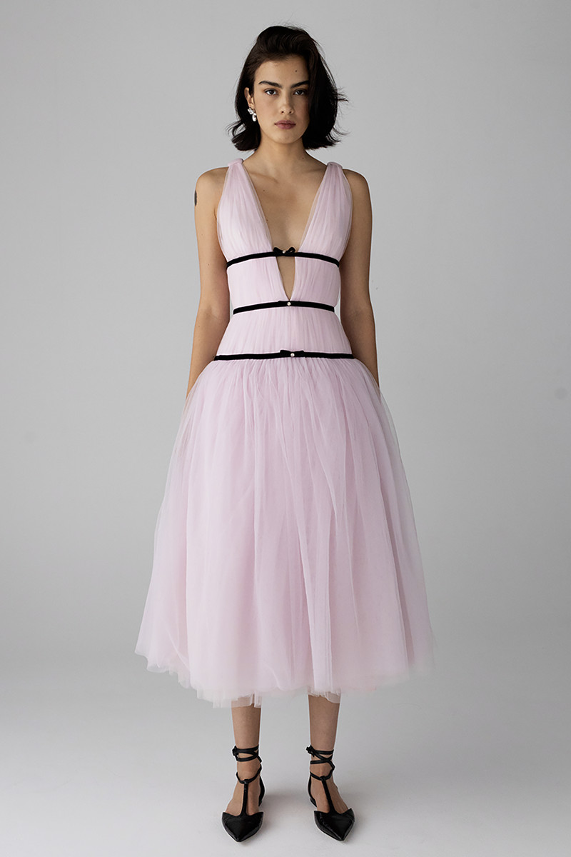 Ribbon Wrapped Deep V Neck Tulle A-Line Midi Dresses-Pink | Cherley
