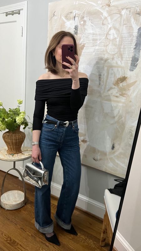 Align off the shoulder top
Annina Citizens of Humanity jeans 
Black and silver belt (similar linked)
Silver mini bag (similar linked)
Sam Edelman slinkbacks
Calzedonia sheer socks 

Going out top
Winter outfit 

#LTKstyletip #LTKSeasonal