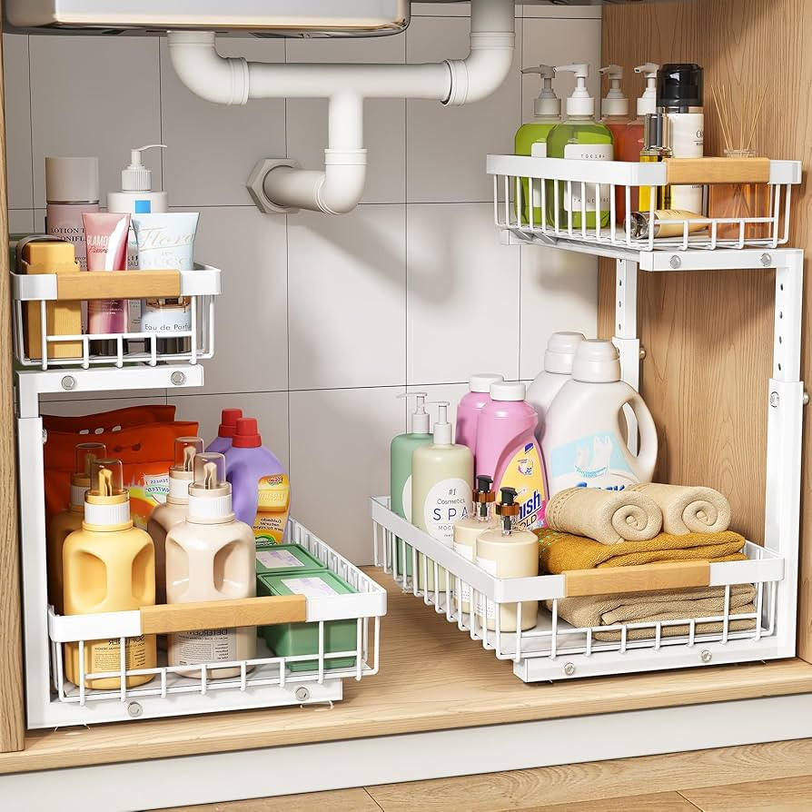PXRACK Under Sink Organizer, Adjustable Height, 2-Pack 2 Tier Pull Out Under Cabinet Organizer, S... | Amazon (US)