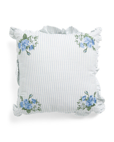 18x18 Striped Floral Embroidery Ruffle Pillow | Polyester/Cotton | Marshalls