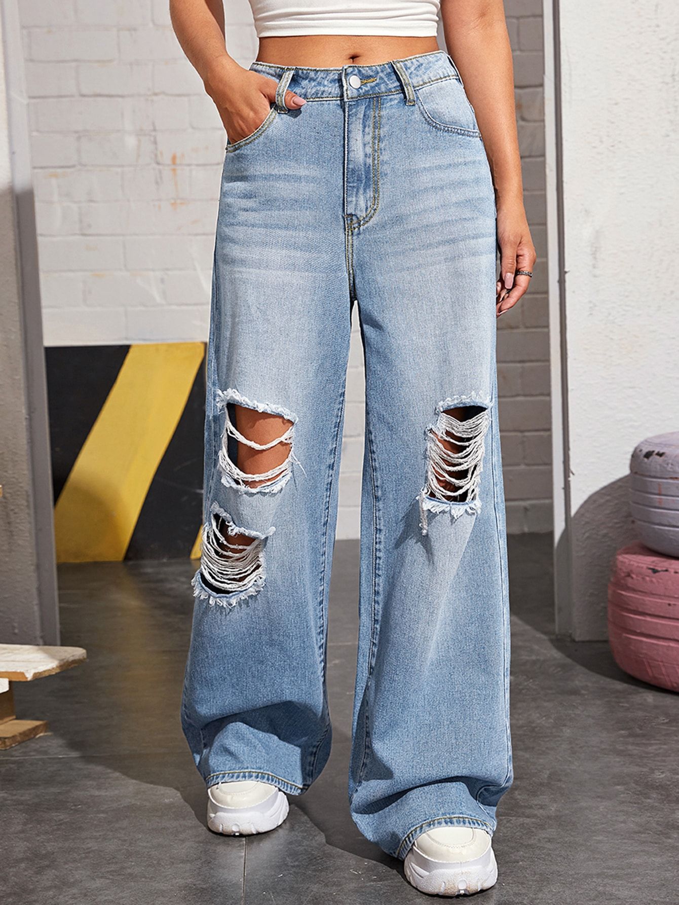 SHEIN EZwear Bleach Wash High-Rise Wide Leg Jeans | SHEIN