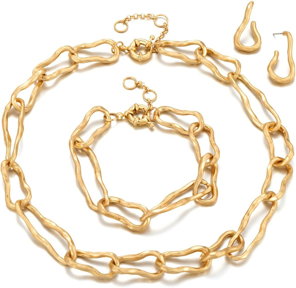 Gold Jewelry Set for Women,Link Chain Necklace with Gold Chain Bracelet and Earring,Great Gift fo... | Amazon (US)