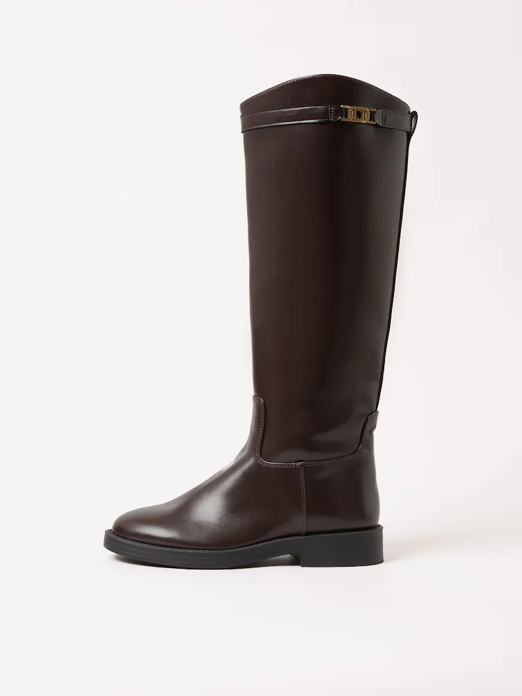 Lipsy Chocolate Brown Flat Long Knee High Faux Leather Riding Boots | Next EU