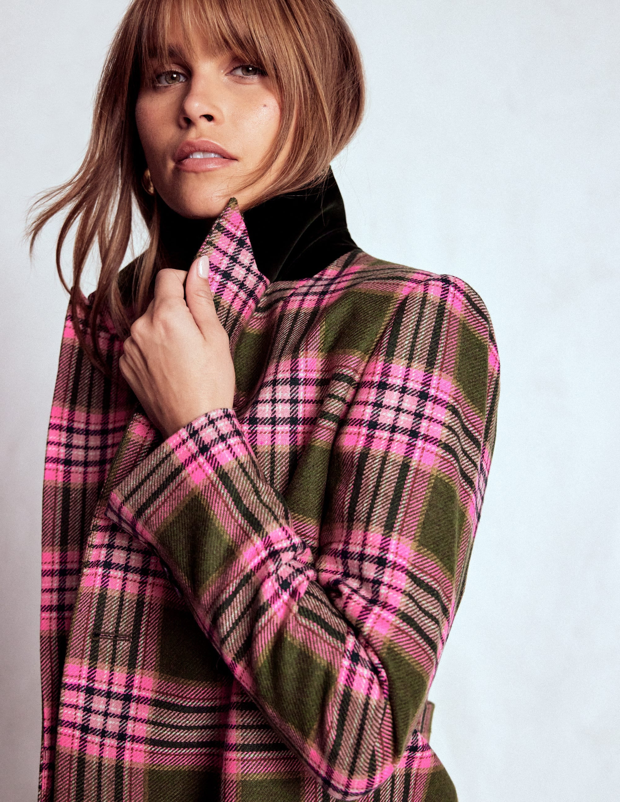 Boxy Double Breasted Blazer-Olive Green and Pink Check | Boden UK