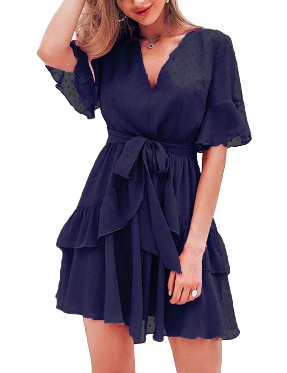 FENJAR Women Cute V Neck Short Sleeve Dresses Polka Dot Swing Ruffle Hem Mini Party Dress | Amazon (US)