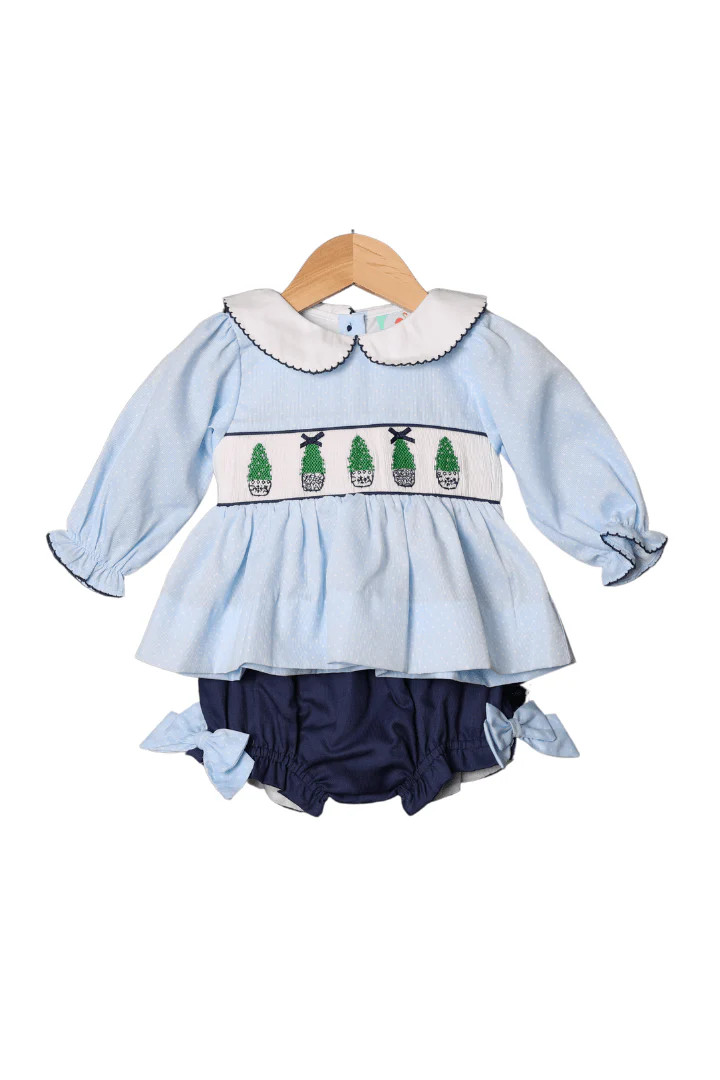 Smocked Blue Chinoiserie Christmas Tree Bloomer Set | The Smocked Flamingo