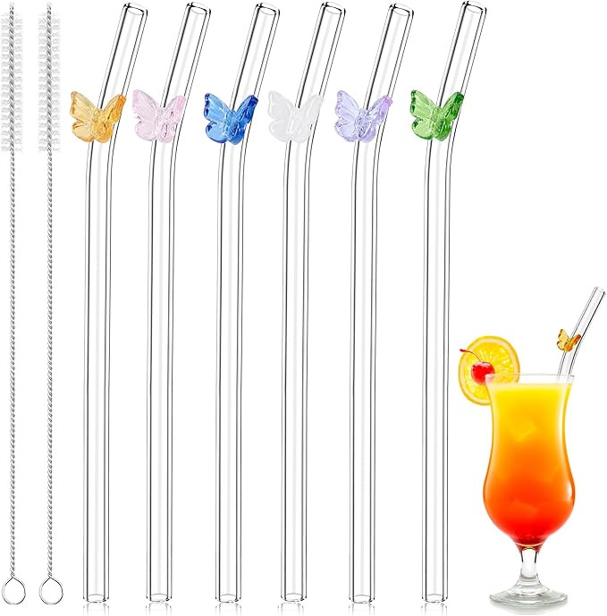 Snowfall Butterfly Glass Straws, 6 Pack Cute Short Clear Glass Straw with Charms for Kid and Wome... | Amazon (US)