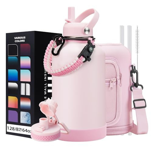 Half Gallon Water-Bottle with Straw - Pop-up Chug Lid (Cold 48H & Hot 24H) 64oz Insulated Water Bottle Flask with Sleeve Strap, Paracord Handle, Bottle Boot, Pink Stainless Steel Metal Water Jug | Amazon (US)