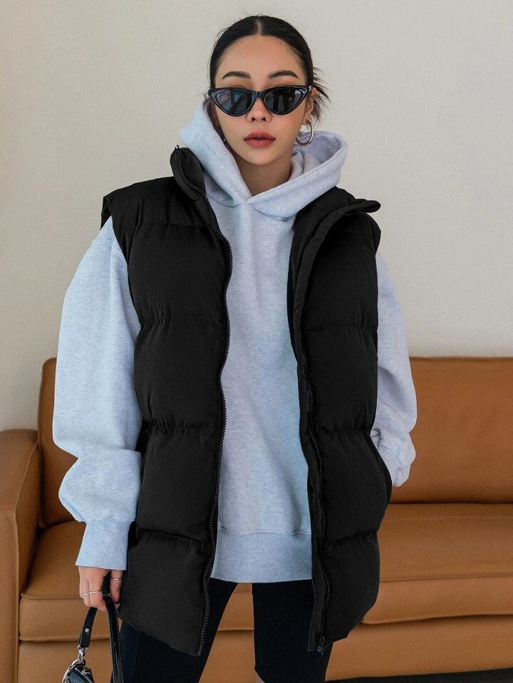 DAZY Slant Pockets Vest Puffer Coat Without Hoodie | SHEIN