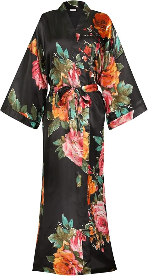 Women's Long Floral Satin Kimono Robes Bridal Dressing Gown Wedding Bridesmaid Nightgown | Amazon (US)