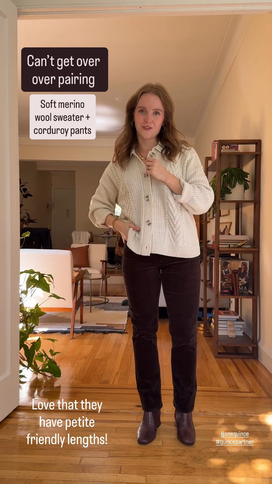 Corduroy pants and super softer merino wool sweater from @onequince. Free shipping and returns. Xs sweater
 0 corduroy pants 28 inseam. I’m 5ft 2 118 lbs. If between size up for waist. 
#quincepartner

#LTKStyleTip #LTKFindsUnder100
