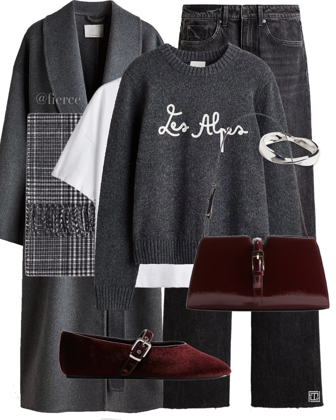 Grey wool belted coat grey ski jumper burgundy pony hair Mary Jane ballet flats black jeans check scarf silver bangle bracelet casual chic outfit 

#LTKuk #LTKwinter #LTKeurope