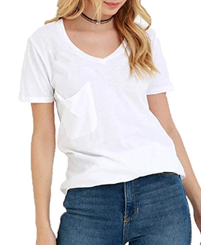 TASAMO Women's Summer Casual Sexy Short Sleeve V Neck Patch Pocket Slub Texture Tee Loose Top Tshirt | Amazon (US)