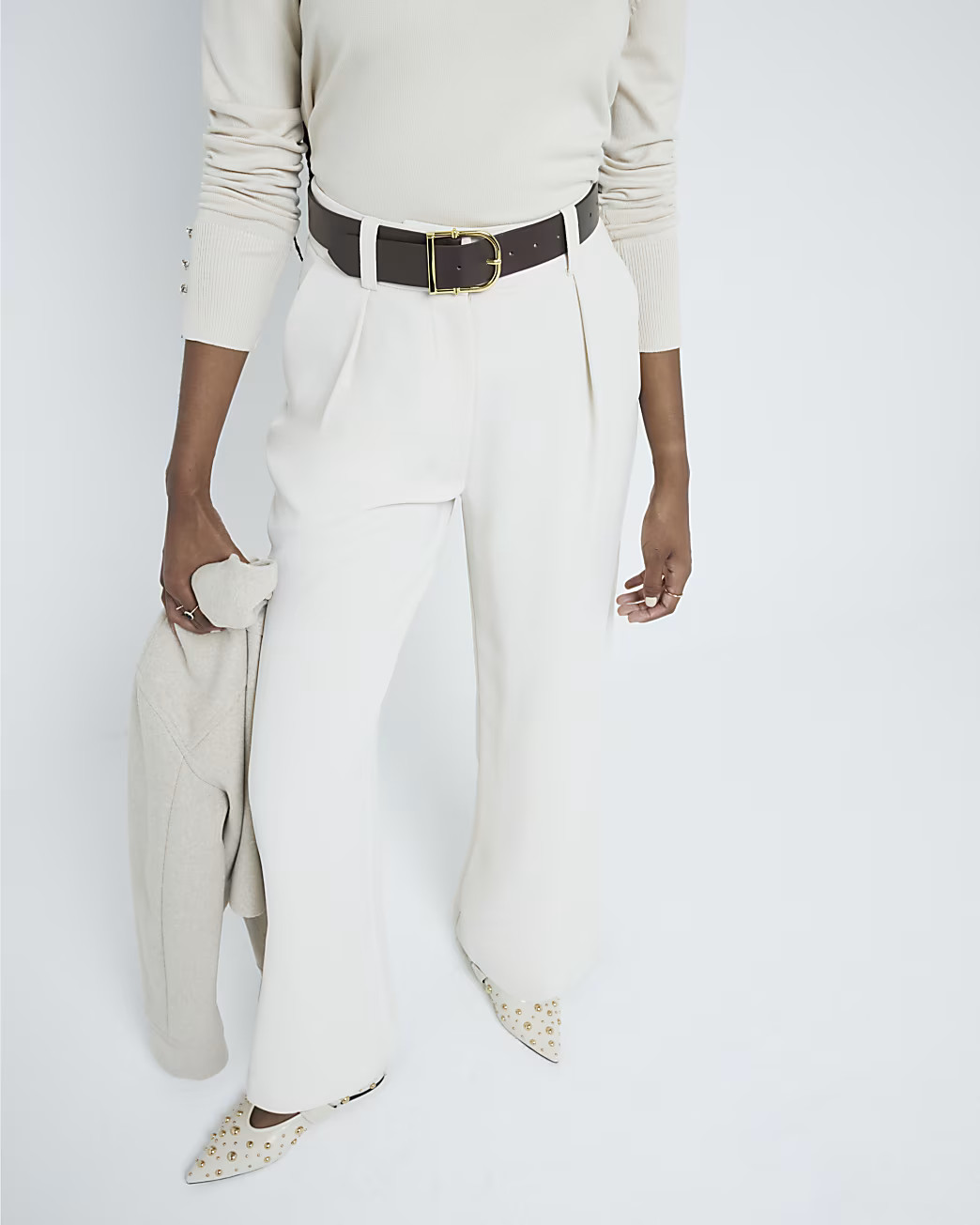 Cream Belted Wide Leg Trousers | River Island (UK & IE)