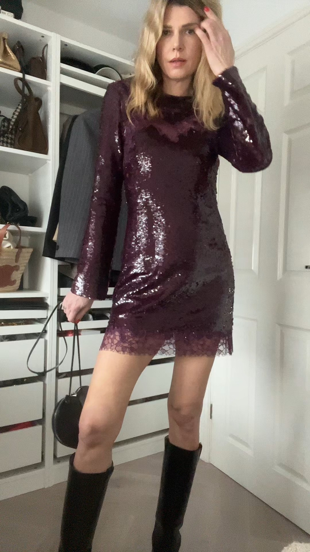 Festive outfits, burgundy dress, sequin dress, suede boots, burgundy boots, alaia bag, khaki jumper 

#LTKuk #LTKfestive #LTKstyletip