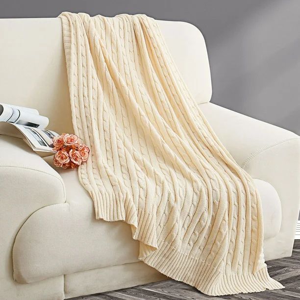 100% Cotton Throw Blanket Textured Solid Cable Knit Throw Couch Cover Decorative Knitted Blankets... | Walmart (US)