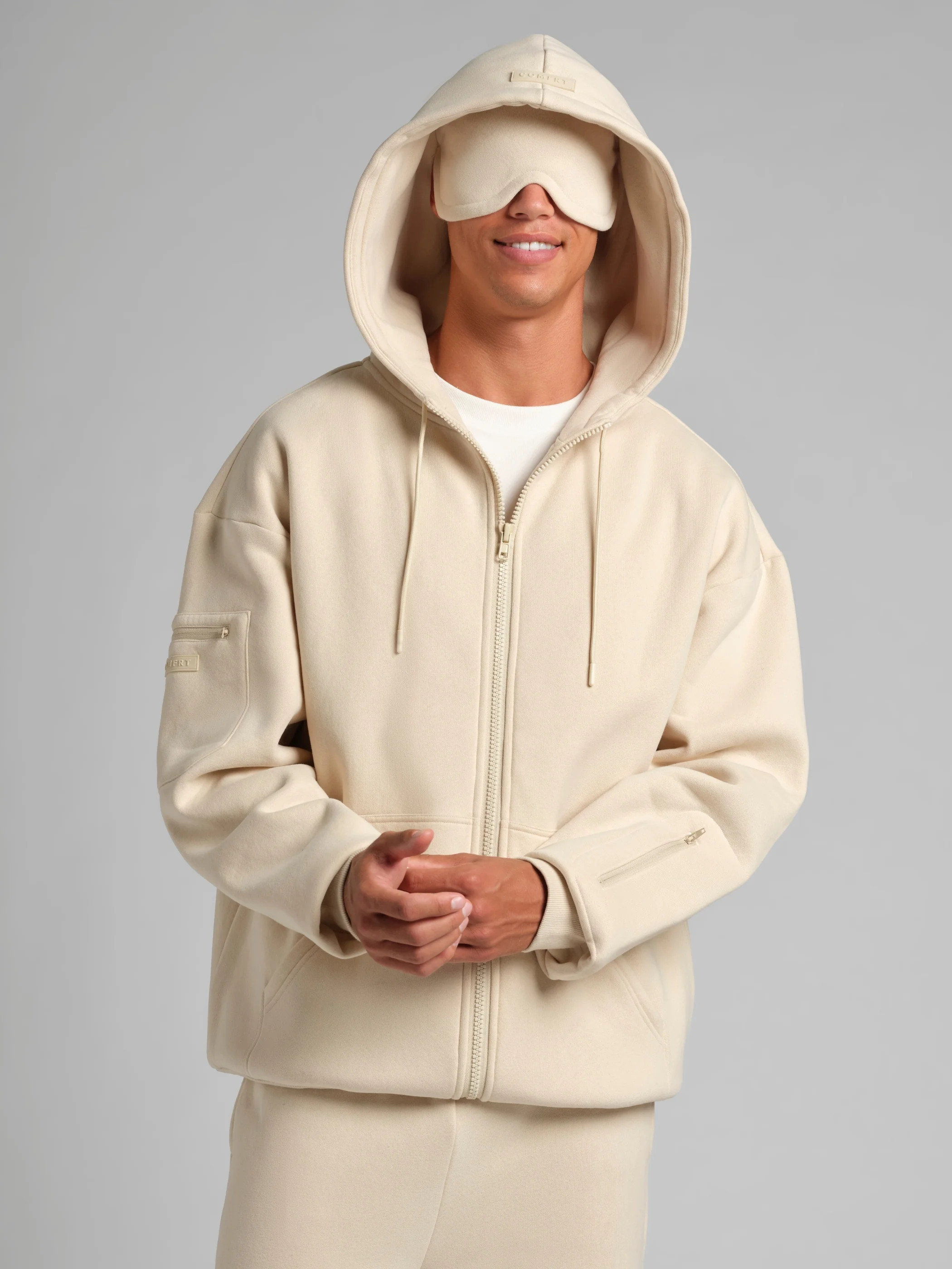 Comfrt Airplane Mode Travel Zip Hoodie – Mega | Bone | Oversized | XS | Comfrt