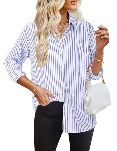 HOTOUCH Striped Button Down Shirt Long Sleeve Shirts Plus Size Button Up Blouses Soft Casual Top Blue White XXL | Amazon (US)