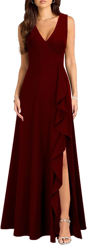 MUSHARE Women's V Neck Sexy Split Cocktail Dress with Pockets Ruffle Party Long Formal Dress | Amazon (US)