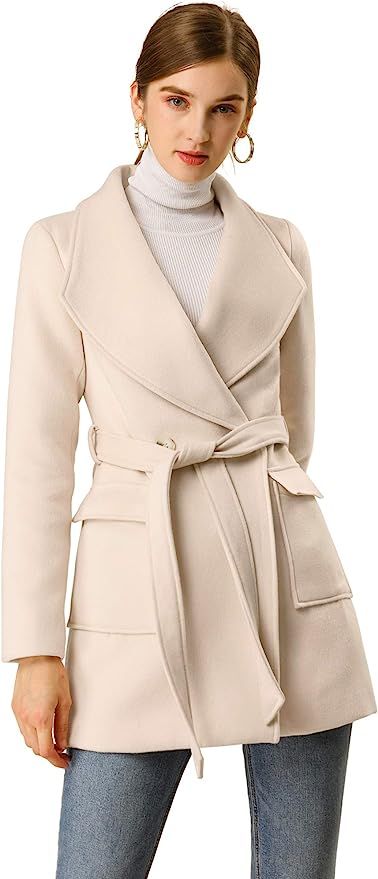 Allegra K Women's Shawl Collar Lapel Winter Belted Coat with Pockets | Amazon (US)