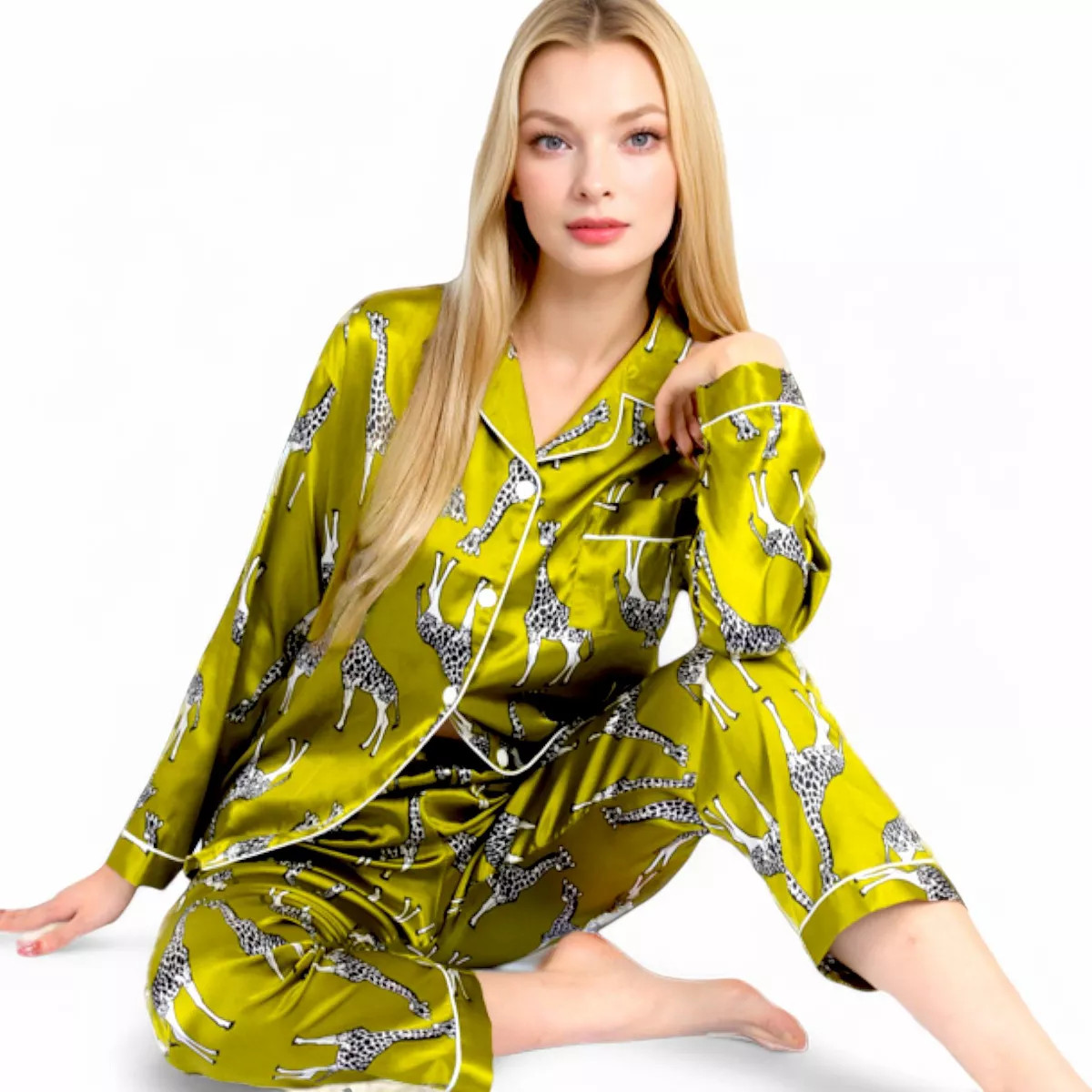 Anna-Kaci Lounge Women's Satin Pajama Set with Giraffe Print and Button-Down Top- Yellow,Small | Target
