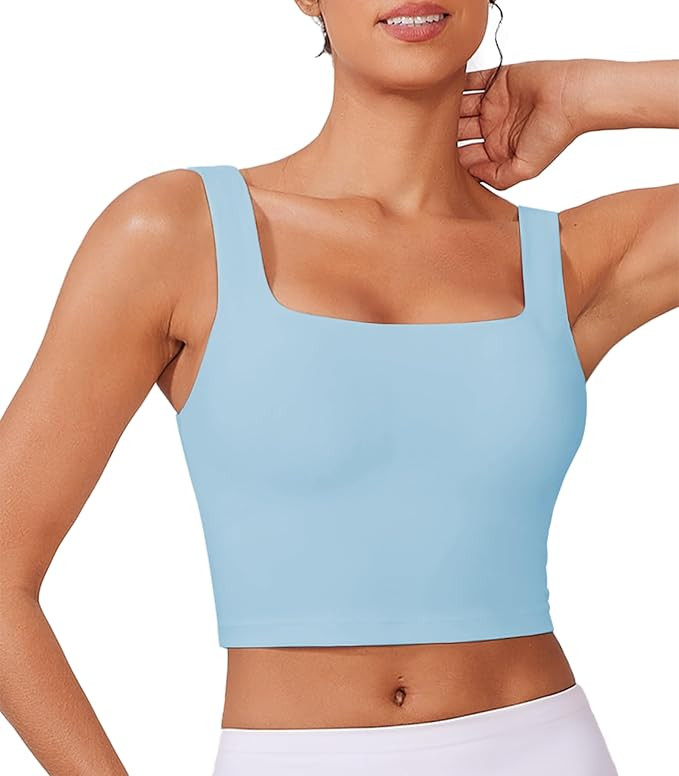 PINSPARK Sports Bra for Women Square Neck Longline Tank Top with Built in Bra | Amazon (US)