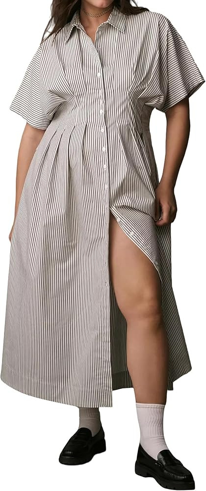 Womens Striped Button Front Pleated Maxi Shirt Dress Short Sleeve Collar V Neck Summer Casual Cor... | Amazon (US)