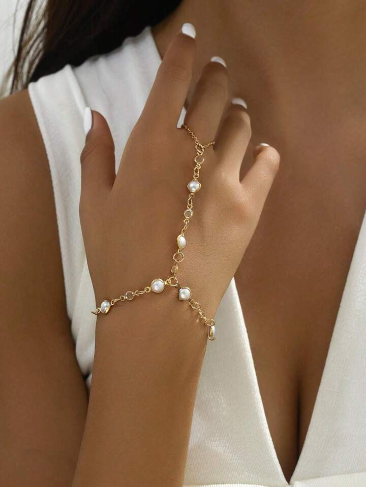 1pc Simple Style Faux Pearl & Rhinestone Decor Hand Chain With Ring | SHEIN