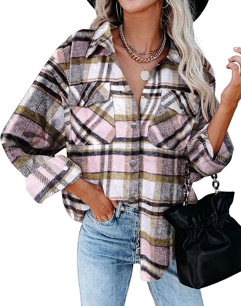 BTFBM Women Long Sleeve Shirts Button Down Plaid Loose Casual Flannel Fall Blouse Shirt Jacket Shack | Amazon (US)