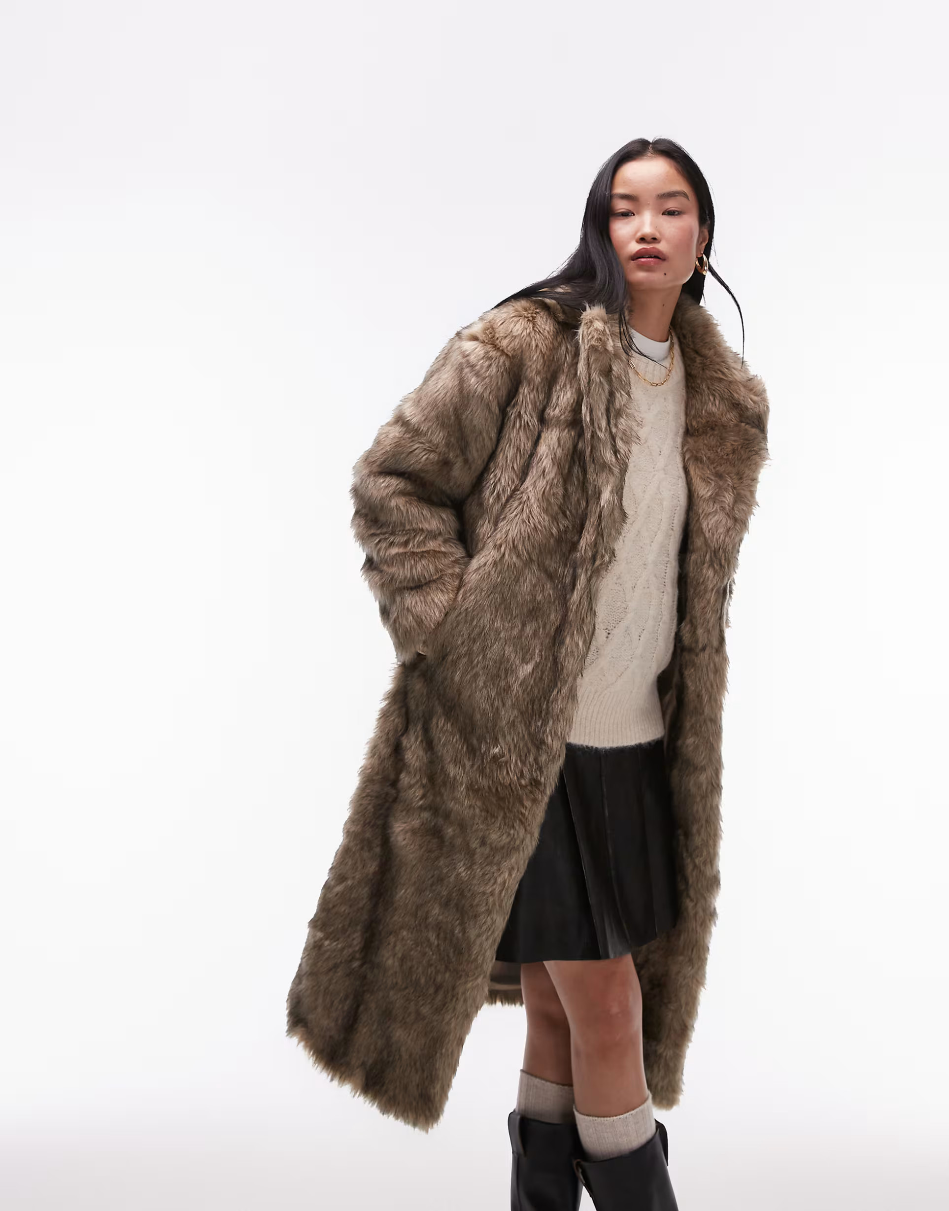 Topshop faux fur long coat in multi | ASOS (Global)