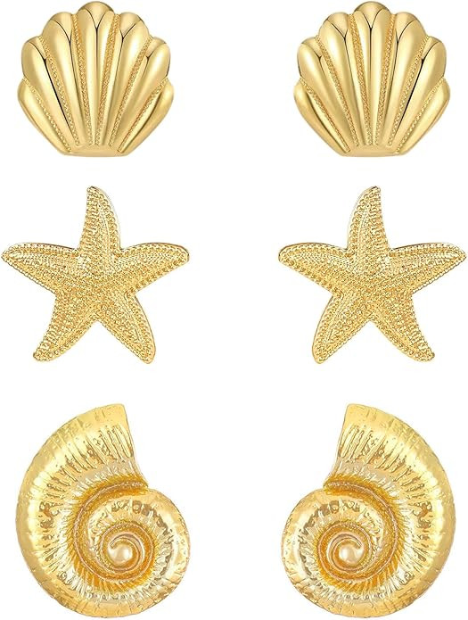 3 Pairs Beach Earrings for Women 14K Gold Statement Earrings Summer Ocean Jewelry Starfish Conch ... | Amazon (US)