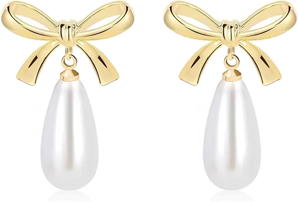 Pearl Earrings for Women 18K Gold Plated White Teardrop Lightweight Simple Pearl Dangling Earring... | Amazon (US)