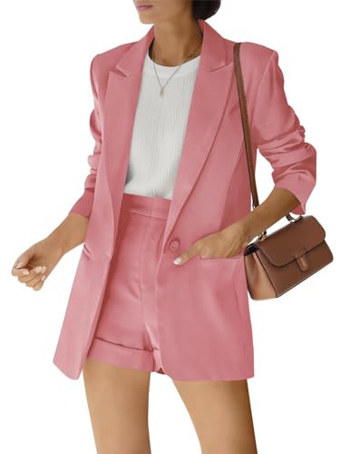 Women's 2 Piece Open Front Long Sleeve Blazer and Solid Short Pants Suit Sets Pink | Amazon (US)