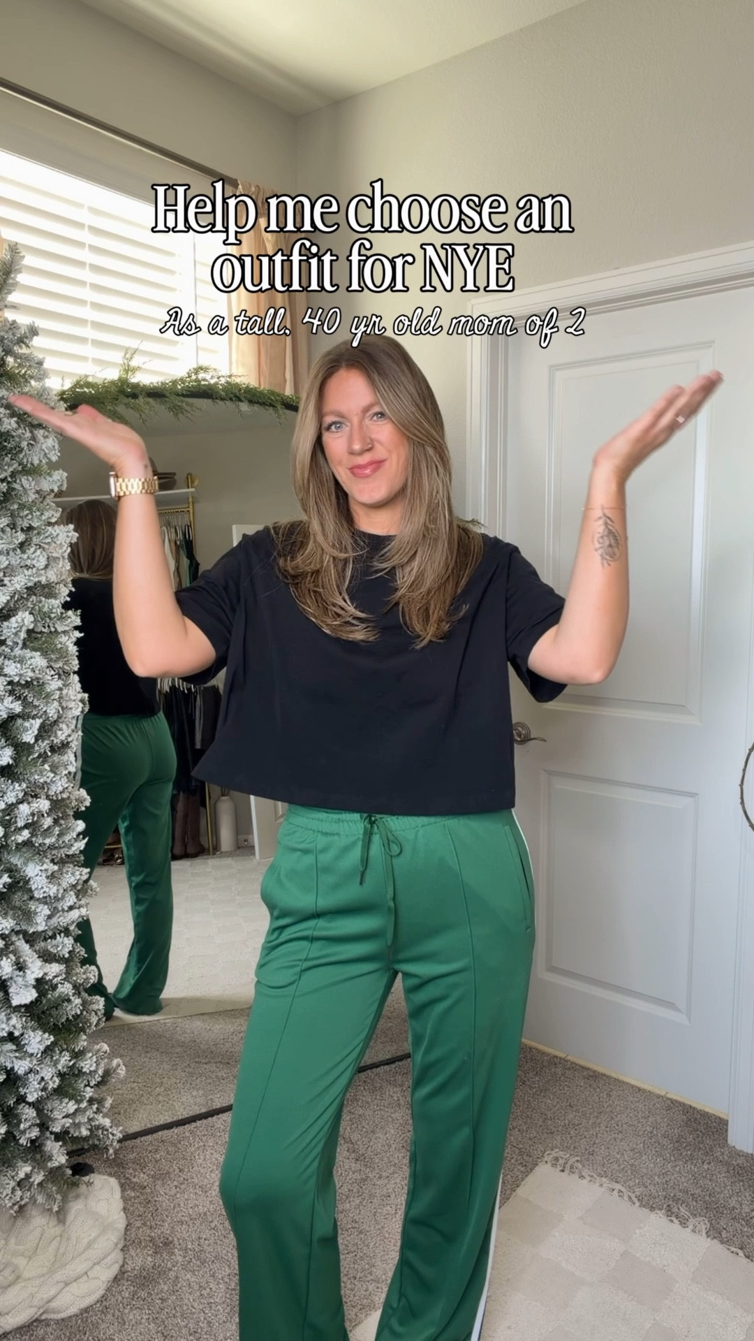 Help me choose a NYE outfit (we’re in the mountains so can’t get too dressy) 
✨medium tee, large 34” green pants
✨small sequin tee, everything else is a large! 11 boots & size “C” tights 

#LTKTall #LTKHoliday #LTKOver40