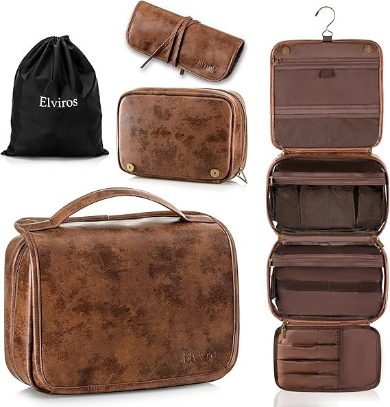 Elviros Hanging Toiletry Bag Removable Travel Bag PU leather Makeup Cosmetic Organizer Kit, Dark ... | Amazon (US)