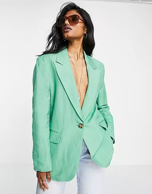 Bershka lightweight linen blazer in green | ASOS (Global)