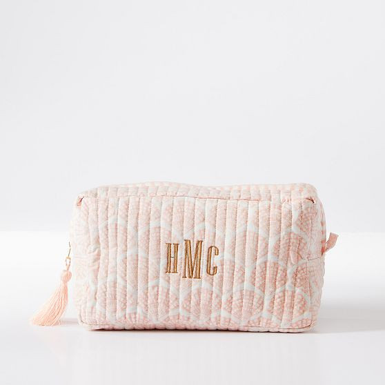 Block Print Travel Pouch, Large, Pink Shell Print | Mark and Graham