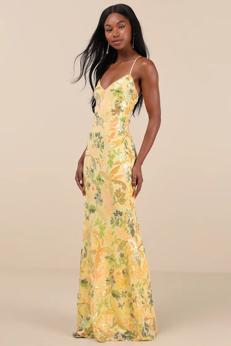 Glittering Icon Yellow Iridescent Sequin Lace-Up Maxi Dress | Lulus