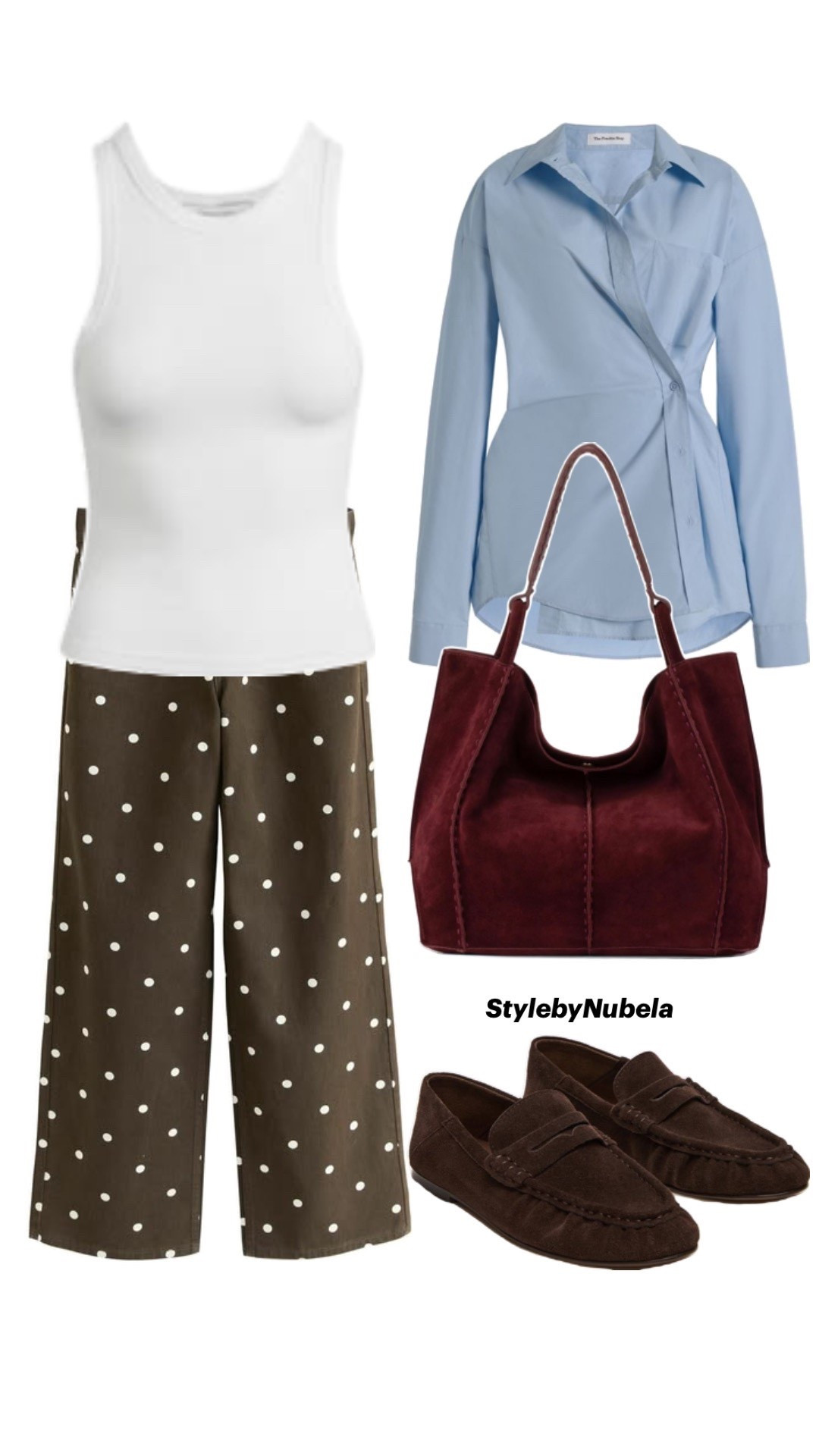 
Sprimg/Summer Outfit Ideas: Polka dot palazzo pant, suede bag, loafer shoe, white tank top, blue shirt
#ootd #springstyle #springfashion 

#LTKgrwm #LTKvlog #LTKOver40 #LTKPlussize #LTKTall #LTKMidsize #LTKSeasonal #LTKmomlife #LTKPetite #LTKdayinmylife #LTKBump

#LTKSaleAlert #LTKootd #LTKSpringSale