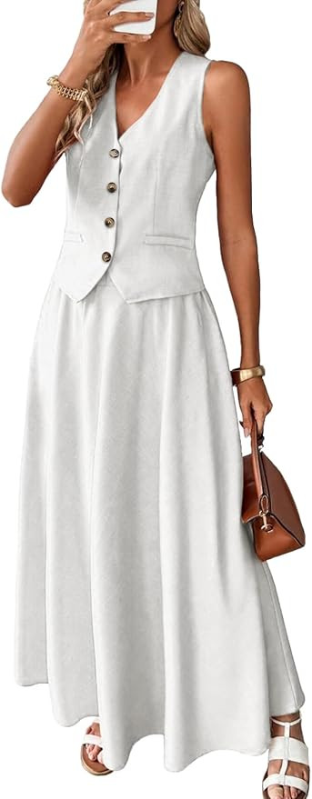 ELLEVEN 2 Piece Linen Sets for Women Summer Outfit,V-Neck Vest Top & Flowy Maxi Skirt | Amazon (US)