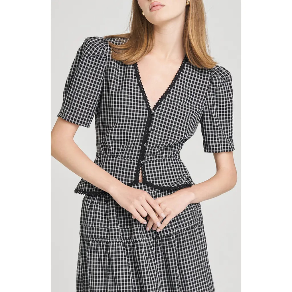WAYF Gemma Puff Sleeve Peplum Top in Ivory-Black Gingham at Nordstrom Rack, Size X-Small | Nordstrom Rack