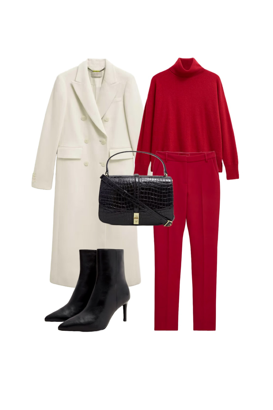 Vamp meets Christmas candy cane ❤️🤍❤️ I just ordered this divine Hobbs London Juniper Ivory Double Breasted Coat and this is what I plan to wear with it! The glorious Delora red cashmere roll neck jumper and seriously sexy Nova pomegranate red trousers, the Larissa black croc effect leather handbag and the fierce Aria black leather ankle boots! 

#LTKautumn #LTKwinter #LTKuk