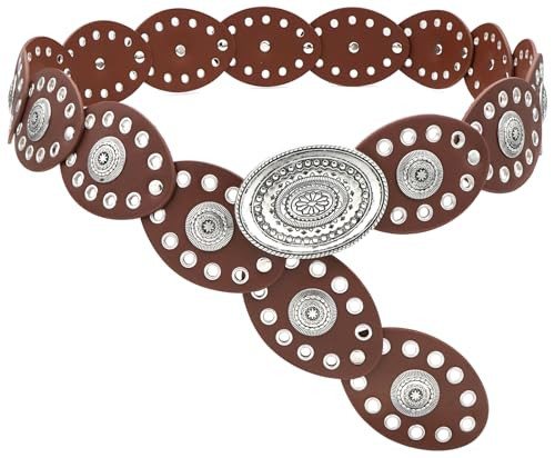 BAOKELAN Oval Disc Belts for Women Wide Leather Concho Belt Boho Western Waist Belts for Dresses Brown Silver 150cm/59in | Amazon (US)