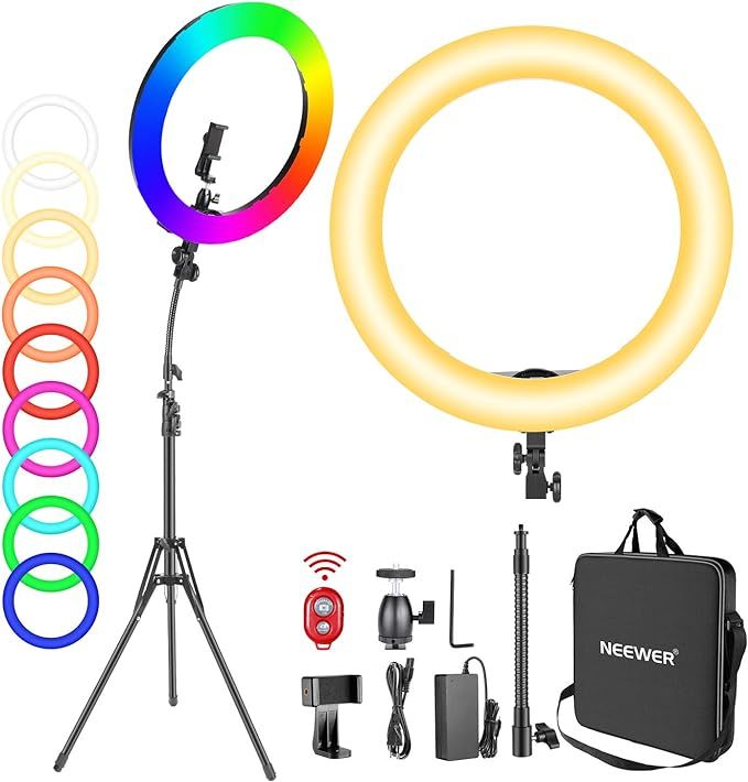 Neewer 18” RGB Ring Light with Stand, 42W Dimmable LED Ring Light with Phone Holder/Bi-Color 32... | Amazon (US)