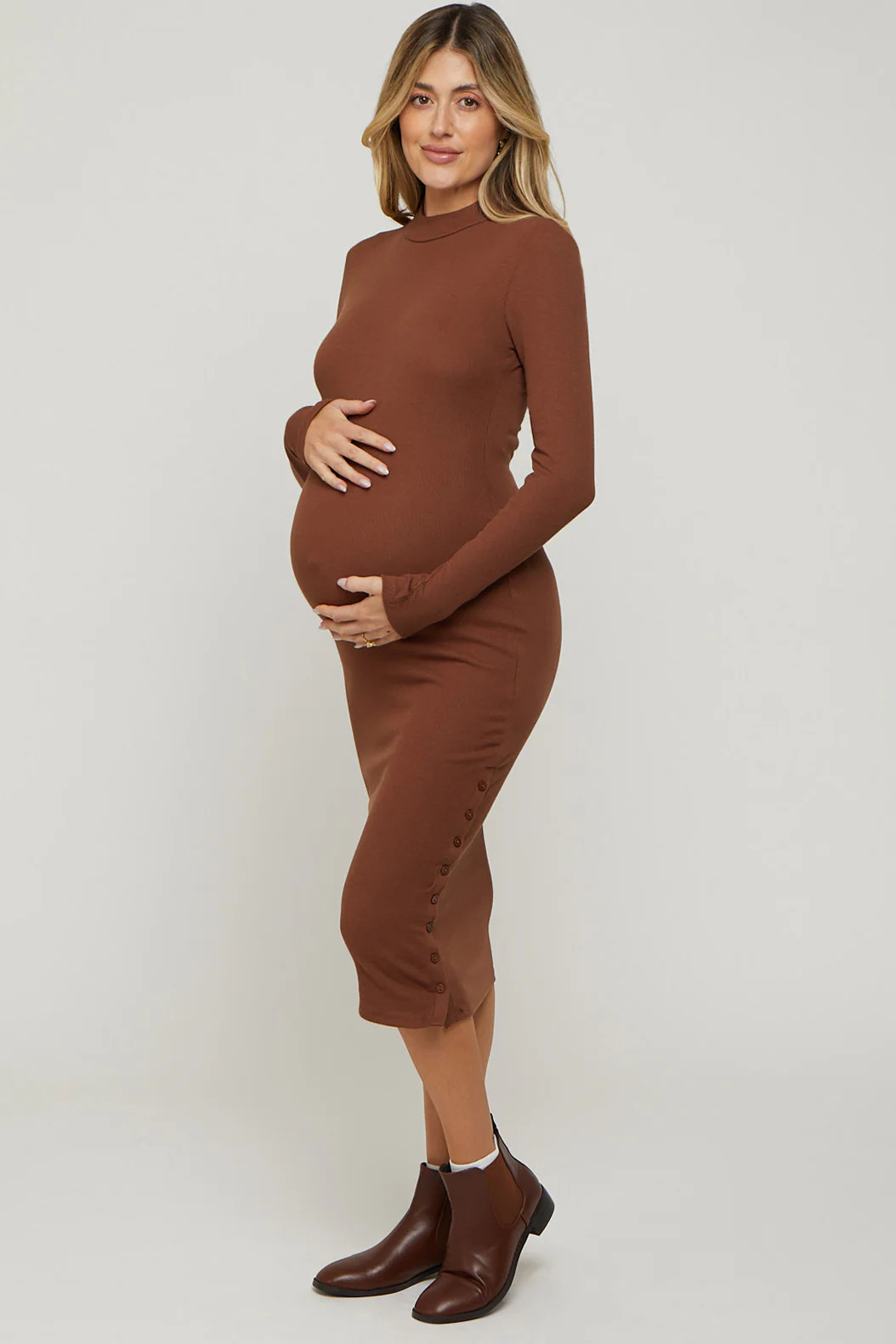Brown Ribbed Mock Neck Button Side Slit Maternity Midi Dress | PinkBlush Maternity