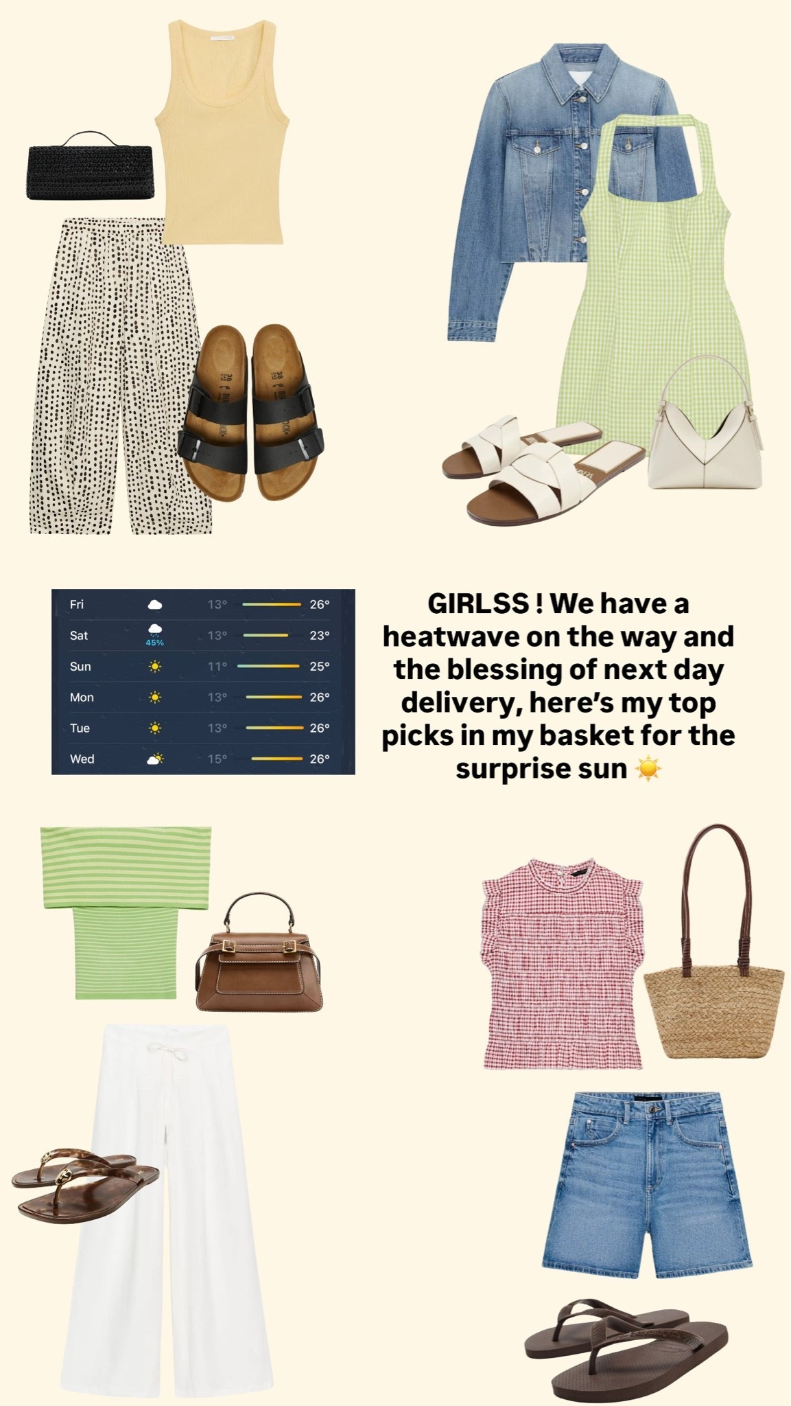 GIRLSS! We have a heatwave on the way and the blessing of next day delivery, here's my top picks in my basket for the surprise ☀️

#LTKsummer #LTKuk #LTKspring